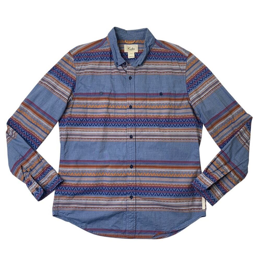 Koto Shirt Mens L Large Striped Button Down Collar Cotton Abstract Aztec Printed